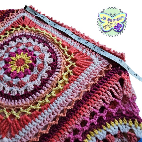 Handmade Crochet Boho Poncho in Orange, Pink, Yellow - Picture 8 of 13